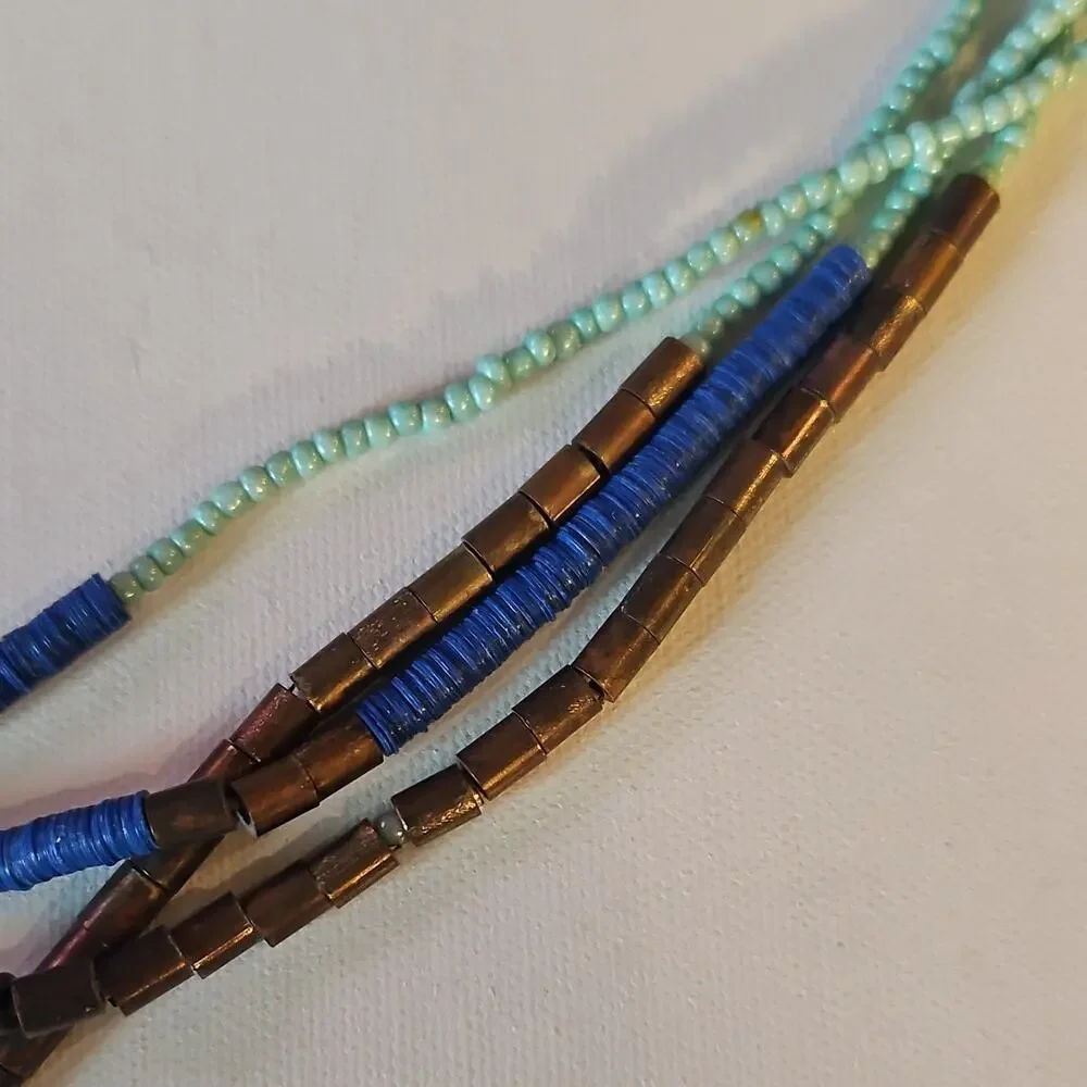 Vintage Native American Beaded Tassel Necklace Blue Disks